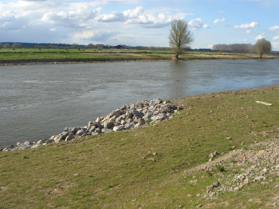 Een afbeelding van de Loenensche Middelwaard, met kleine stenen langs de kant en groene vlaktes aan weerszijden. 